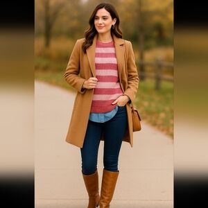 Pink Striped Sweater w/ Denim Hem | Fall Layered Top Size medium